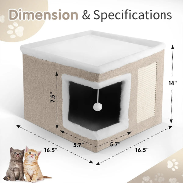 1pc Large Cat Cube House Cosy Foldable Bed Pet Cave Furry Soft Cushions Scratch Pads 42X42X36CM