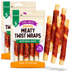 Pure Breed 10 Pack Meat Wrapped Rawhide Dog Treats | Duck Chews for Dogs | High-Protein & Low-Fat Natural Dog Chew Sticks | Long-Lasting Rawhide Twists for Small & Large Breeds | Promotes Healthy Teeth & Great for Training, Rewards, and Chewing Satisfacti