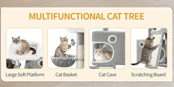 98cm Cat Tree, Cat Tower for Indoor Cats, Multi-Level Cats House Furniture with Scratching Post, 2 Caves, Large Platform, Scratching Ramp, Pompom, Light Grey