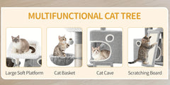 98cm Cat Tree, Cat Tower for Indoor Cats, Multi-Level Cats House Furniture with Scratching Post, 2 Caves, Large Platform, Scratching Ramp, Pompom, Light Grey