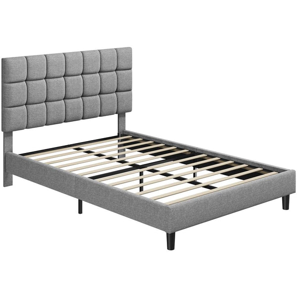 Costoffs Upholstered Bed Frame, Fabric Bed Frame with Fabric Headboard, Modern Platform Bed Frame with Strong Wooden Slats, Support and Square Tufted Headboard Height Adjustable, Double/King, Dark Gray/Light Gray/Beige