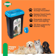 ADEPTNA Large 30L Pet Food Storage Container with Flip Top Locking System and Integrated Scoop – Airtight Dry Food Dispenser Bin for Dogs, Cats, and Birds