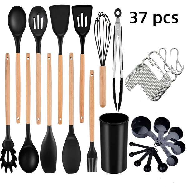 12pcs/22pcs/30pcs/37pcs, Kitchen Utensils Set, Kitchen Cooking Utensils Set, Spoon, Spatula, 446F Heat Resistant Non Stick Food Grade Silicone And Wooden Handles, Measuring Cups And Spoons, S Hooks