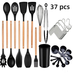 12pcs/22pcs/30pcs/37pcs, Kitchen Utensils Set, Kitchen Cooking Utensils Set, Spoon, Spatula, 446F Heat Resistant Non Stick Food Grade Silicone And Wooden Handles, Measuring Cups And Spoons, S Hooks