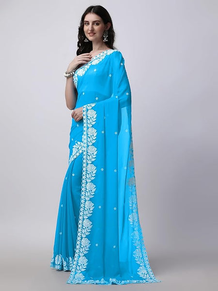 Estationeryhouse Women's Georgette Embroidery Border Work Designer Saree with Blouse Piece