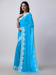 Estationeryhouse Women's Georgette Embroidery Border Work Designer Saree with Blouse Piece