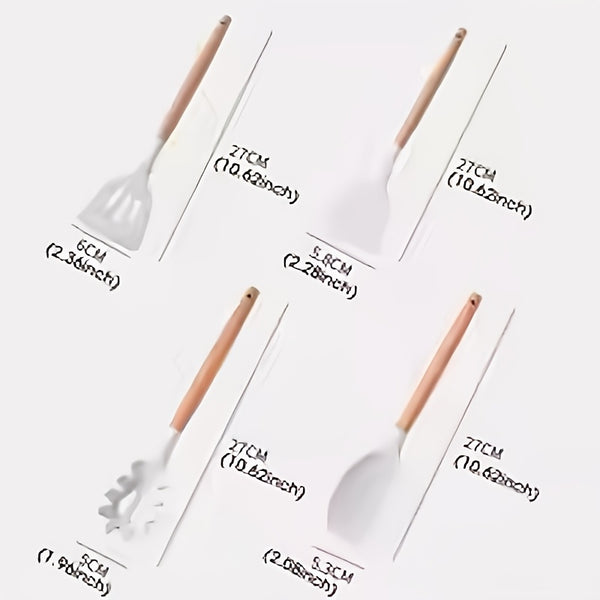 23pcs Silicone Kitchenware And Kitchen Knife Set | Heat Resistant Silicone Cutlery with Wooden Handle | Chef Knife | Non-Stick Friendly Tool | Easy to Cook And Clean | Convenient to Carry | Suitable for School, Home, Outdoor Use | Mother'S Day