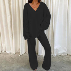 Women'S Winter Cozy Solid Color V-Neck 2pcs Casual Set - Soft Warm Outfits for Home Relaxation, Weekend Streaming & Cozy Friend Gatherings, Lounge Set, Casual Wear, Relaxed Fit, Vneck Design, Breathable Material, Comfortable Fabric, Twopiece Outfit, Women