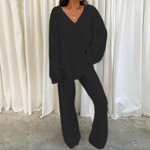Women'S Winter Cozy Solid Color V-Neck 2pcs Casual Set - Soft Warm Outfits for Home Relaxation, Weekend Streaming & Cozy Friend Gatherings, Lounge Set, Casual Wear, Relaxed Fit, Vneck Design, Breathable Material, Comfortable Fabric, Twopiece Outfit, Women