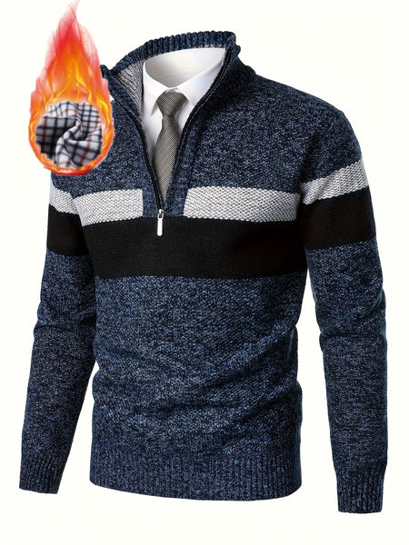 Men'S Thickened Knitted Pullover Sweater with a Color Block Design And Stand Collar, Made from Plus Velvet