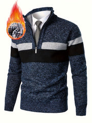 Men'S Thickened Knitted Pullover Sweater with a Color Block Design And Stand Collar, Made from Plus Velvet