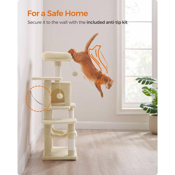 112 cm Cat Tree, Multi-Level Soft Plush Cat Tree, Cat Tower Condo with 4 Cat Scratching Posts, Hammock, Cave, Platform, Toys, Pink/White/Beige/Grey, Easy Assembly and Sturdy, Indoor Cat Furniture