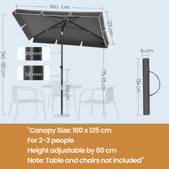 Rectangular Balcony Parasol 1.8 x 1.25 m, UPF 50+ Protection, Tilting Sunshade, PA-Coated Canopy, Carrying Bag, Garden Terrace, Base Not Included, Grey,White