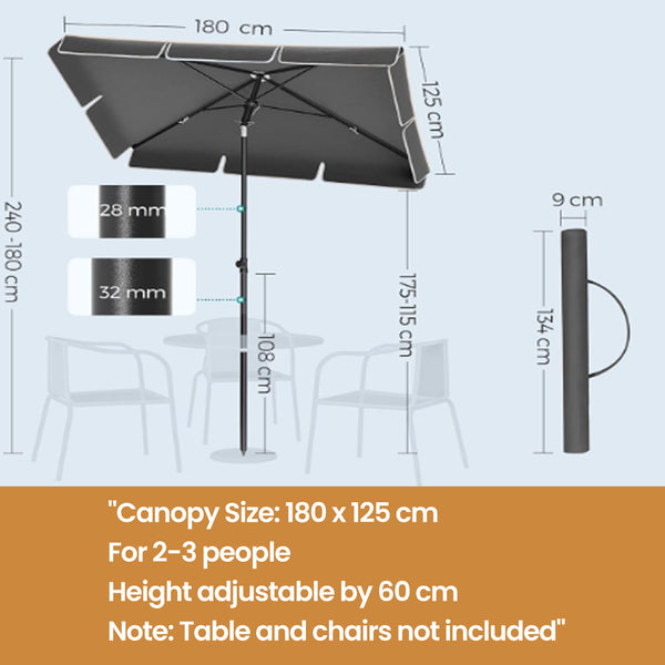 Rectangular Balcony Parasol 1.8 x 1.25 m, UPF 50+ Protection, Tilting Sunshade, PA-Coated Canopy, Carrying Bag, Garden Terrace, Base Not Included, Grey,White