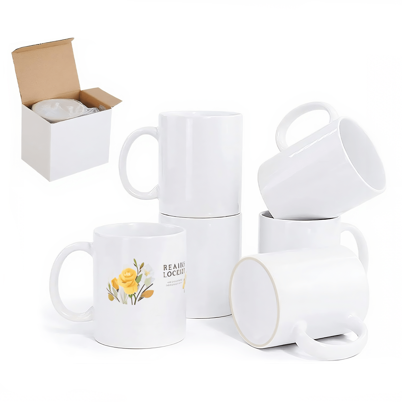 Sublimation Mugs 11oz Blank Plain White Large Handle Coffee Cups+Smash Proof Box Pack of 6 12 36