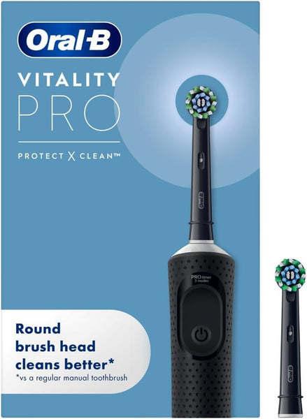 Oral-B Vitality Pro Electric Toothbrushes for Adults, for Him/Her, 1 Handle, 2 Toothbrush Heads, 3 Brushing Modes Including Sensitive Plus, 2 Pin UK Plug, Black (Packing May Vary)
