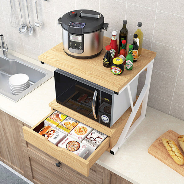 Microwave Oven Shelf Stand with Drawer, 2-Tier Kitchen Countertop Storage Rack Spices Rack Freestanding, Home Office Printer Stand Multifunctional Unit Shelving Wood Top Metal Frame