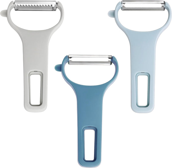 Vegetable Peelers for Kitchen, 3 Stainless Steel Blades Straight/Serrated/Julienne Peeler, Y Shape for Carrot Cucumber Potato Veggie Fruit (3 Color Set, Regular-Steel Blades)
