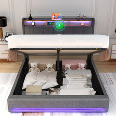 Upholstered Ottoman Bed/ 4 Drawer Storage Bed, 4ft6 Double Bed Frame with Storage & LED & USB, Gas Lift Up Storage Bed Hydraulic Upholstered Bed with Storage Headboard&Slats, Linen, No Mattress, Grey (Optional Purchase Of Mattress)
