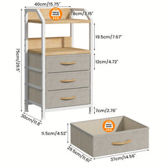 Industrial Rustic End Table with Storage - Nightstand with 3 Fabric Drawers & 2 Shelves, Wood & Metal Bedside Table Suitable for Bedroom, Living Room, Small Spaces - Assembly, Space-Saving