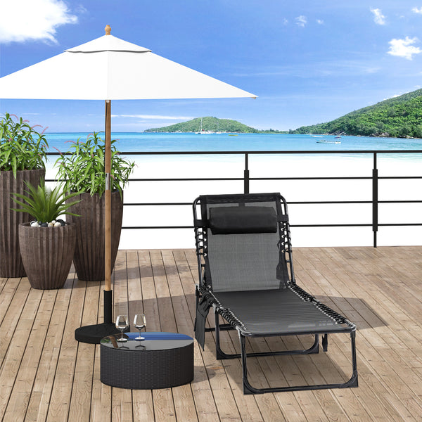 Portable Sun Lounger, Folding Camping Bed with Side Pocket and Pillow for Patio