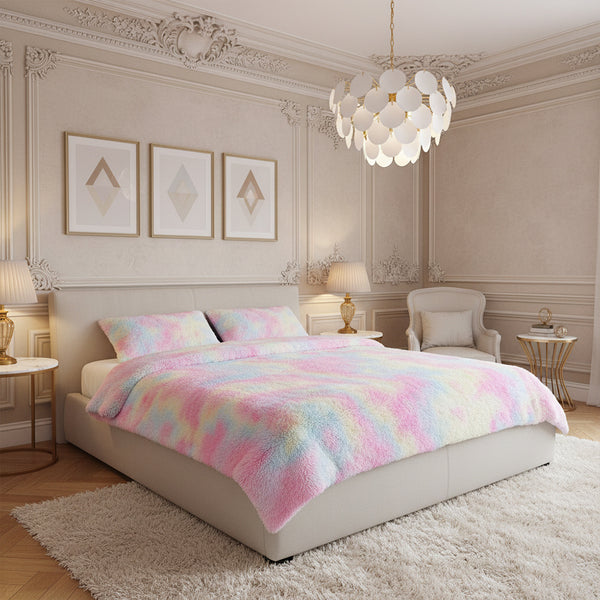 3-Piece Fluffy Tie Dye Duvet Cover Set - Pink Dreamy Princess Style, Romantic Enchanted Glamorous Bedding (1 Duvet + 2 Pillow Shams, No Insert, Easy Care)