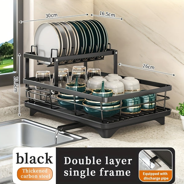 2 Tier Foldable Dish Rack - Large Capacity Space-Saving Black Iron Kitchen Storage Box for Cutlery, Pots, Pans & Utensils with Drainage System, Sturdy Countertop Cabinet, Dishwasher