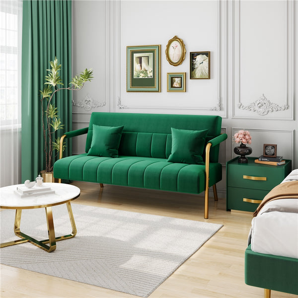 Costoffs Sofa Couch Modern Velvet Sofa Couch, 143cm Small Loveseat with Gold-tone Metal Arms & Legs, Upholstered Design, Includes 2 Pillows, Ideal for Bedroom, Home Office, Studio, Small Spaces, Light Grey/Green/Beige/Black/Pink