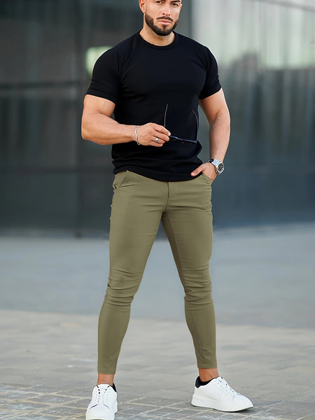 Heyfanee Men's Slim-Fit Elastic Waist Trousers - Khaki Low-Rise Casual Pants with Button Closure & Pockets, All-Season Machine Washable for Daily Wear, Durable Fabric