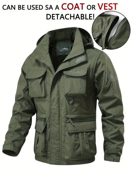 Detachable Windbreaker Hooded Jacket, Men's Casual Multi Pocket Cargo Jacket Vest for Outdoor Activities