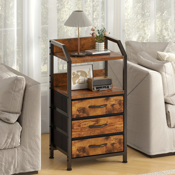 Industrial Rustic End Table with Storage - Nightstand with 3 Fabric Drawers & 2 Shelves, Wood & Metal Bedside Table Suitable for Bedroom, Living Room, Small Spaces - Assembly, Space-Saving