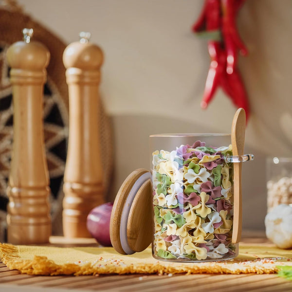 Glass Food Storage Jar,100% Sealed Borosilicate Glass Jars with Bamboo Lid and Bamboo Spoon for Candy, Spices, Coffee Beans, Nuts, Condiments, Cookies, Flour,Tea, 350Ml/12Oz (01)