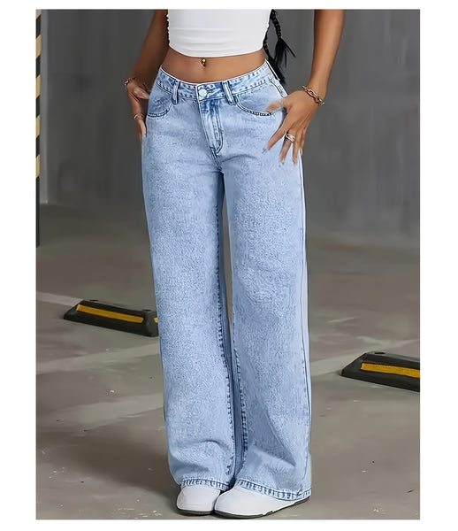 Women's New Fashion Stretchy Straight Jeans, Loose Comfort Fit Wide Leg Jeans, Acid Washed Light Blue Denim Trousers with Pockets, Elegant Women's Clothing, High Waisted Tummy Control Pantalones. Baggy Casual Pants for Travel, Work and Office Wear.