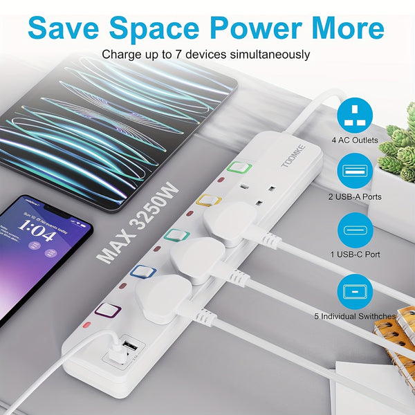 Toomke UK Plug Power Strip with 4 UK Sockets & 2 USB-A/1 USB-C Ports, 13A 3250W Heavy-Duty Extension Cord, Mountable Switched Outlet (1.5m) - Plug-in for /Office, PC, Appliances