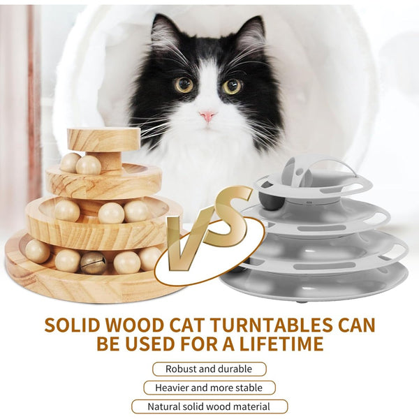 Cat Toys for Indoor Cats, Wooden Cat Ball Toy with Three Layer Track, Interactive Cat Toy with Bell, Safe and Robust, Indoor Cat Toys for Stimulation, Suitable for Cats Adult or Kitten