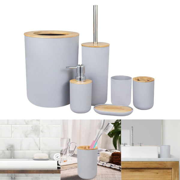 6pc Grey Black White Bathroom Accessories- Bathroom Bin And Toilet Brush Set- Durable Toothbrush Holder Cup- Soap Dispenser With Pump- Soap Dish Holder