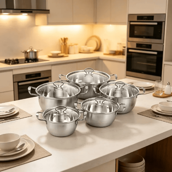 kitchen 5pcs Stainless Steel Pot Professional Induction-Safe Pot with Glass Lid Not-Sticky Hot Pot Double Ear Soup Pot