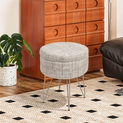 1pc Round Footrest Stool Ottoman with Storage, Makeup Vanity Chair Stool Side Table, Dressing Table Stool with Metal Legs, Couch Stool Portable Space-saving Lounge Chair for Living Room Bedroom Office Kitchen, 38x38x48cm (White)
