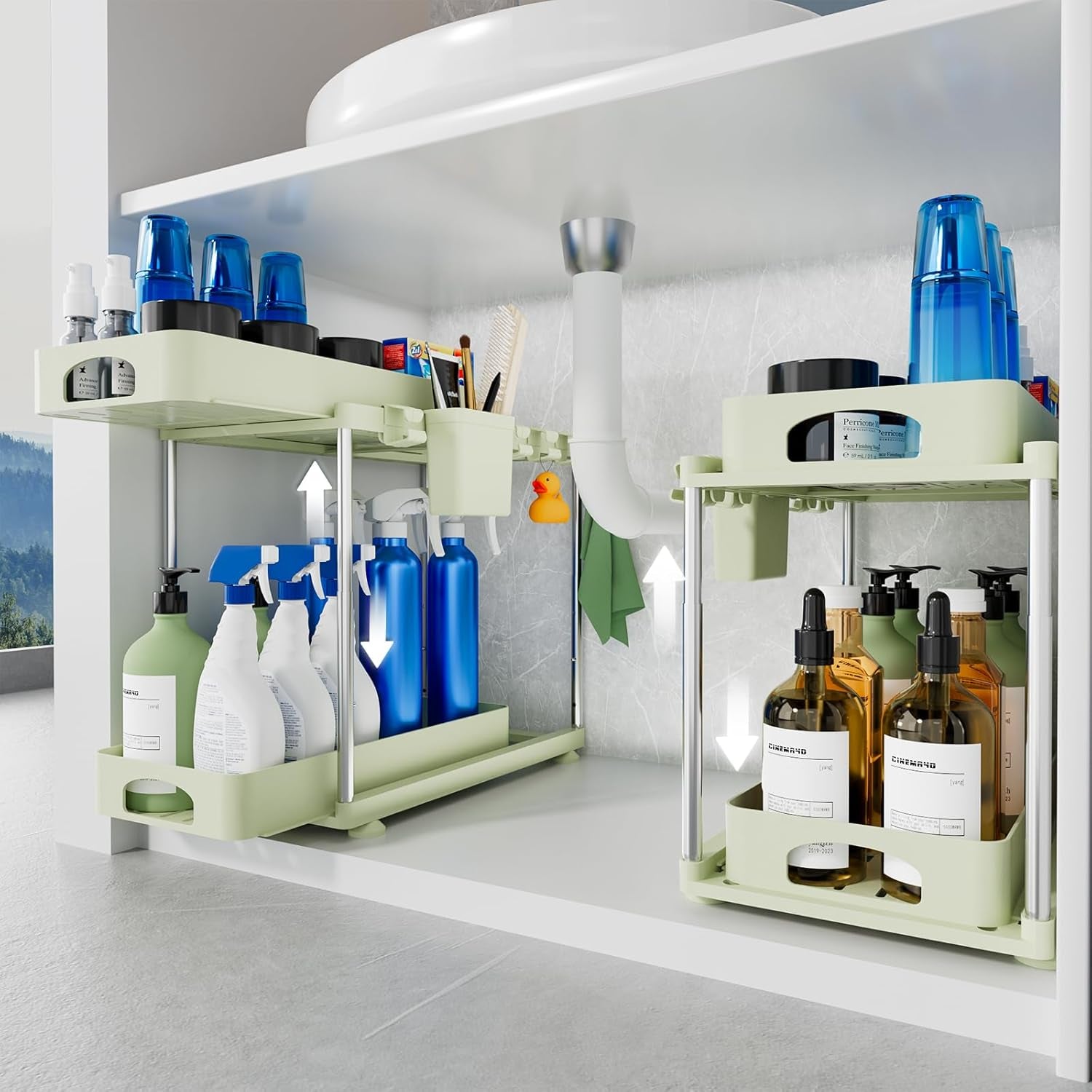 VERIFOST under Sink Organizer (2 Pack), 2 Tier under Sink Organizer, Adjustable Height Cabinet Organizer and Storage, in Blue