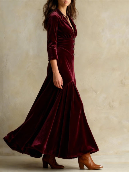 Chic Long Dress with a Lapel Collar, Featuring Three-Quarter Sleeves And a Vintage Full Skirt. Perfect for Autumn And Winter Office Wear, Retro Gatherings, Casual Outings, And Light Social Events