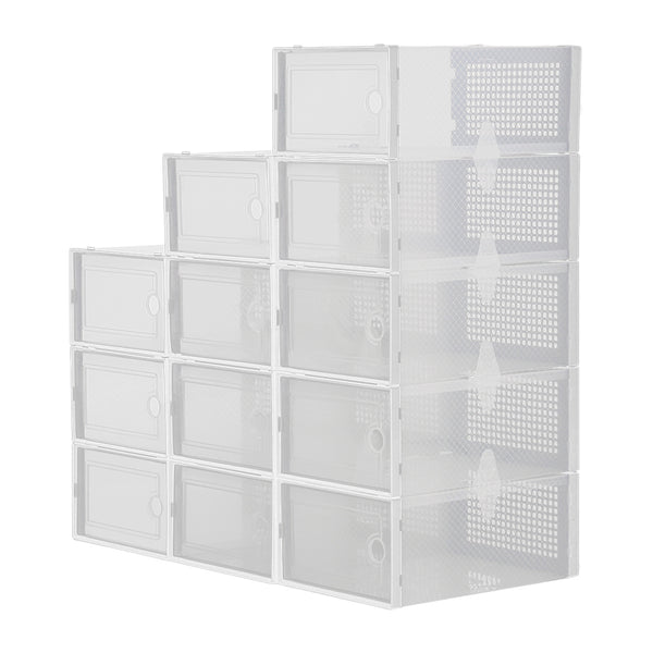 Pack of 12 Stackable Shoe Boxes Shoe Storage Organisers, Sturdy & Durable, Space Saving, Shoe Organizer Containers with Lids for Women/Men, Ideal for Entryway, Closet, Living Room, Bedroom, Office, Dorm, Fit Up To UK Size 9.5, 23x33x14cm