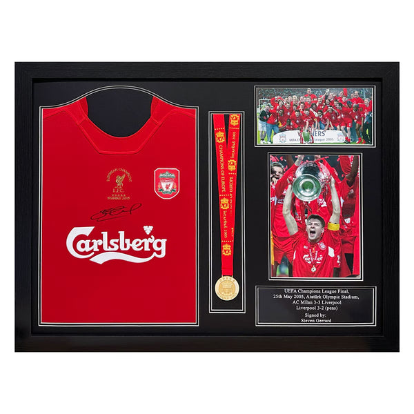 Steven Gerrard Signed Framed Liverpool 2005 Champions League Final Football Shirt with Medal
