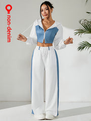 Women'S Suit Featuring a Two-Piece Set with Contrasting Colors, a Short Zip-Up Jacket with Long Sleeves for Spring And Autumn, Paired with Straight-Cut Elegant Casual Pants