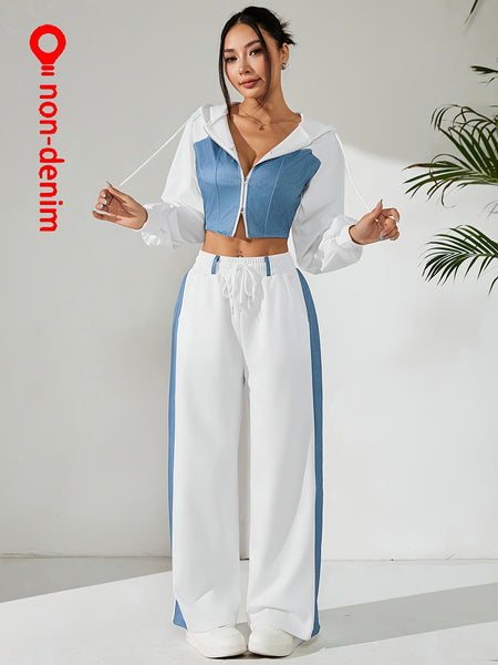 Women'S Suit Featuring a Two-Piece Set with Contrasting Colors, a Short Zip-Up Jacket with Long Sleeves for Spring And Autumn, Paired with Straight-Cut Elegant Casual Pants