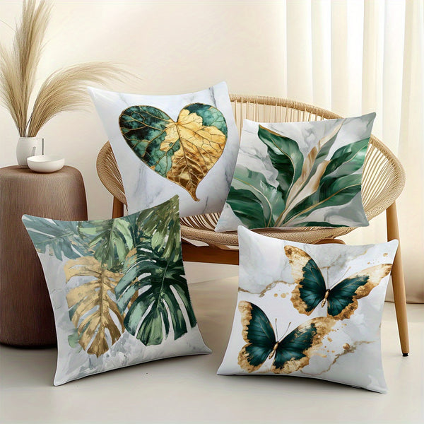 4pcs Green & Golden Leaf & Butterfly Print Cushion Covers