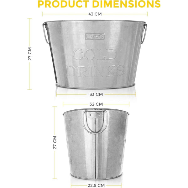 LIVIVO Galvanised Steel 24L Drinks Ice Cool Bucket with Handles - Great for Parties, BBQs and Bars Cooling Bottles, Cans of Beer or Soft Drinks