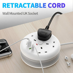 8-in-1 Power Strip Surge Protector/ Power Board/ Extension Socket with 2m Retractable Cord, 3250W, 13A, Portable Power Socket, Overload Protection, 4 AC Power Sockets, 4 USB Ports, Suitable for Home, Kitchen, Office Or Hotel Use.