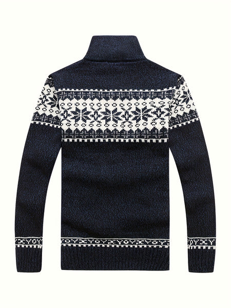 New Autumn And Winter Casual Men'S Knitted Cardigan, Featuring a Thick Ethnic-Style Snowflake Jacquard with a Stand-Up Collar And Zipper. This Stylish Long-Sleeve Sweater Jacket Is Perfect for Men'S Daily Wear in The Fall And Winter