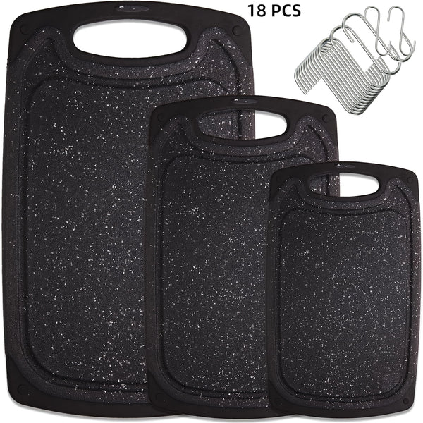 3-piece/13-piece/18-piece/28-piece Cutting Board Set (includes 15 S-shaped hooks, 10 measuring cups, and 10 measuring spoons), Kitchen Plastic Cutting Board, Non-slip Cutting Board with Handle, Juicing Groove and Grinding Groove, Suitable for Meat