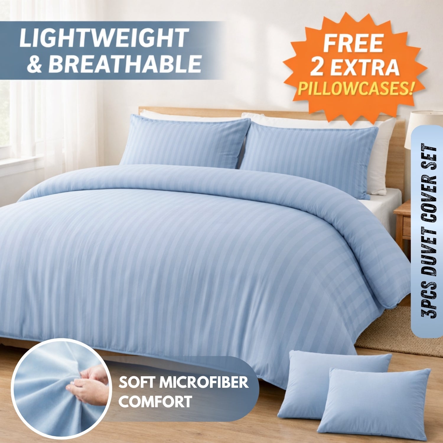 3pcs Lightweight Stripe Duvet Cover Set – Soft Breathable Microfiber Bedding Set, Cool Fresh Spring Summer Design, Easy Care, Includes 2 Free Pillowcases, All seasons use